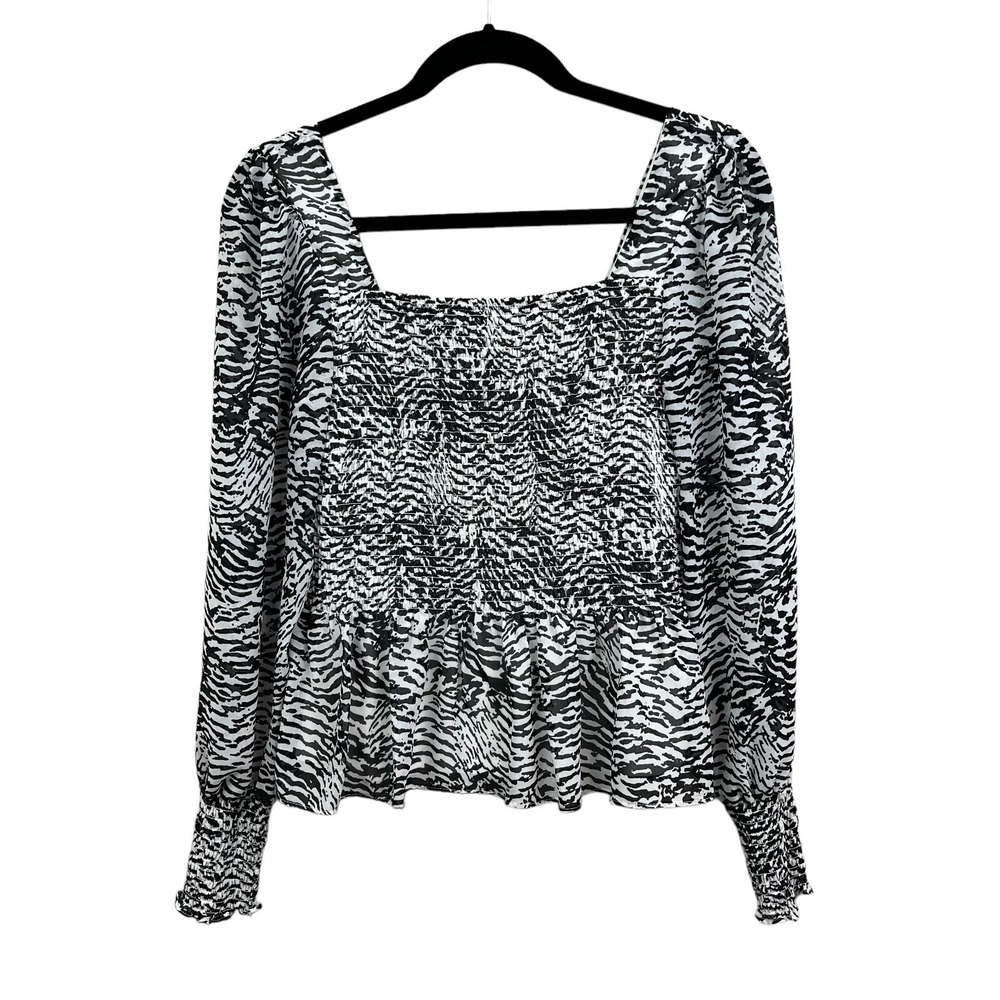 Nine West Peplum Blouse Square Smocked Neck Lined White Black Women Size M*